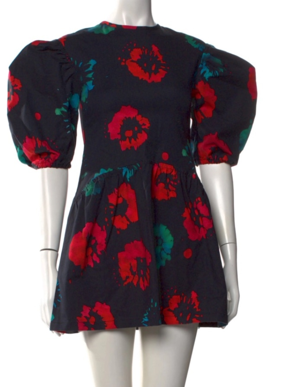 Black Floral Puff-Sleeve Dress with Red & Teal Accents in S